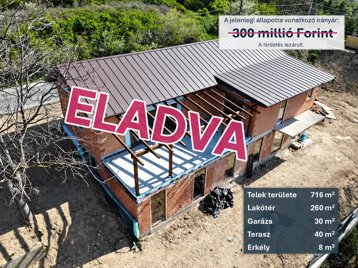 ELADVA – légifotó a Rókahegyi út 34. alatti, szerkezetkész ürömi családi házról; a korábbi irányár áthúzva, a hirdetés lezárult. Korábbi irányár: 300 millió forint. Telek területe 716 m², lakótér 260 m², garázs 30 m², terasz 40 m², erkély 8 m².